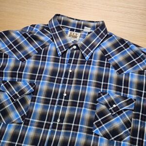 ELY CATTLEMAN Mens 3XL Plaid Western‎ Snap Button Long Sleeve Shirt Blue Brown